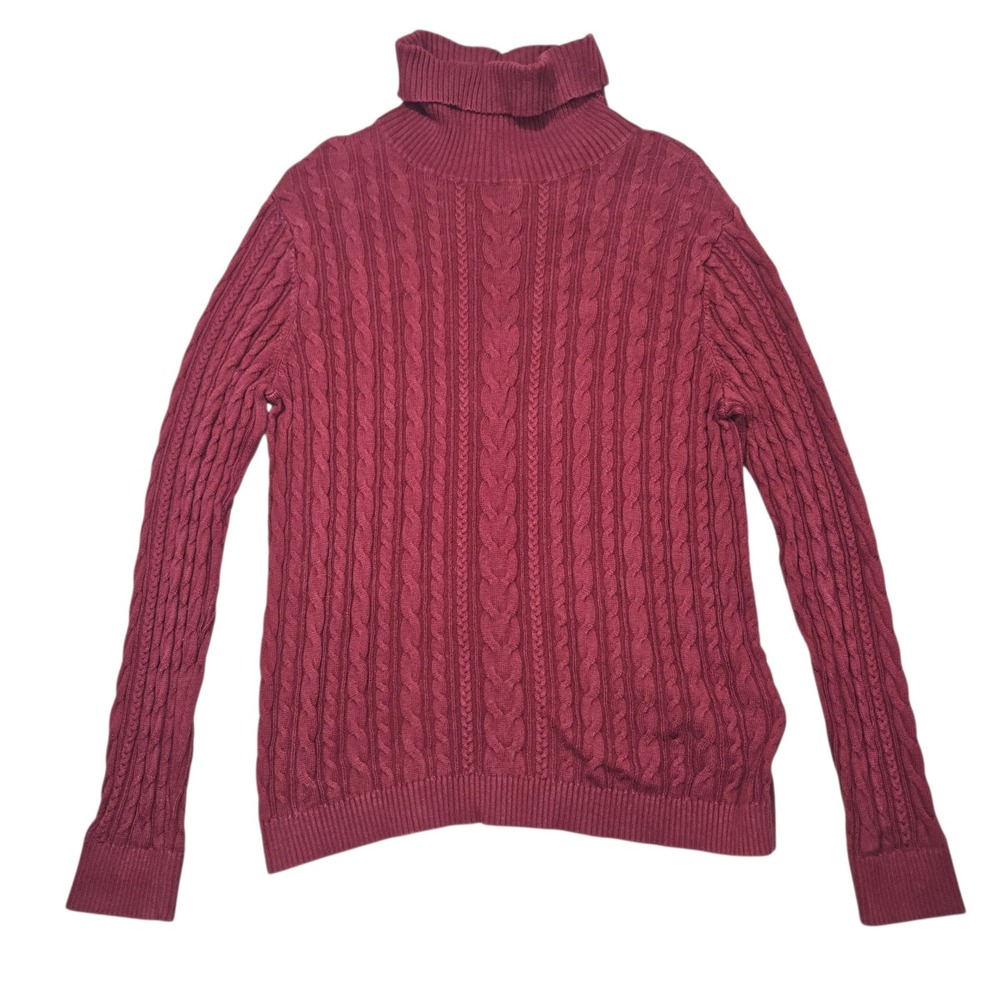 Lands' End Cable Knit Turtleneck Sweater Burgundy Red Sz M 10-12